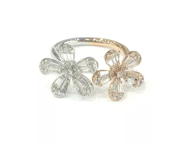 18K Rose & White Gold Diamond Double Flower Open Ring 1.03 Carats