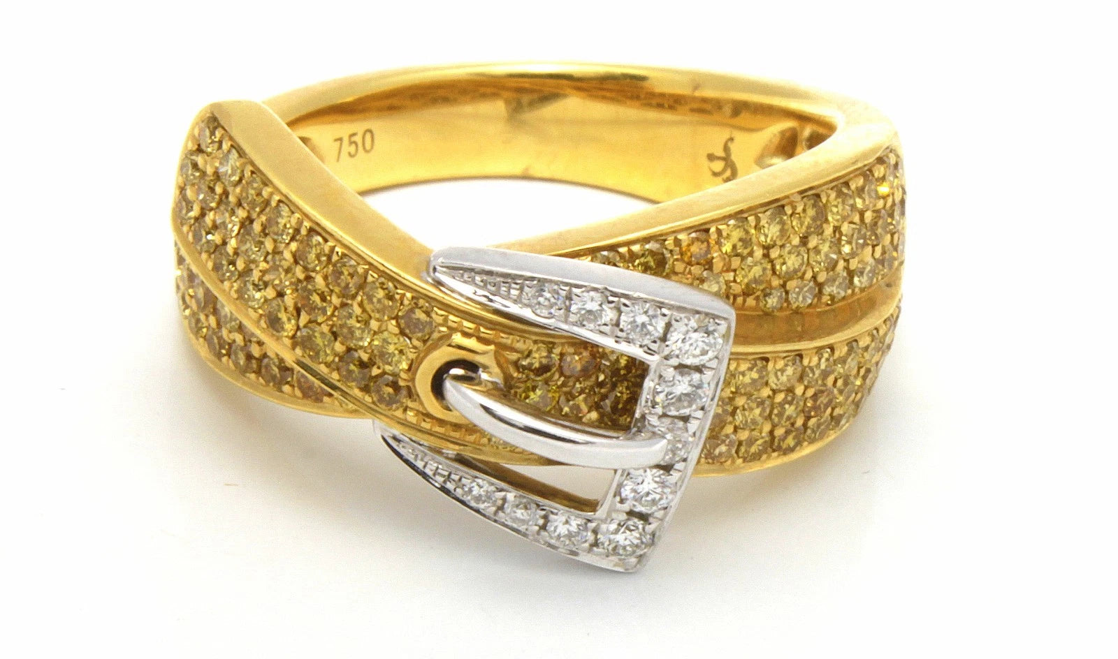New 18k Yellow & White Gold Diamond Belt Buckle Band Ring Sz 6.5 8.85g