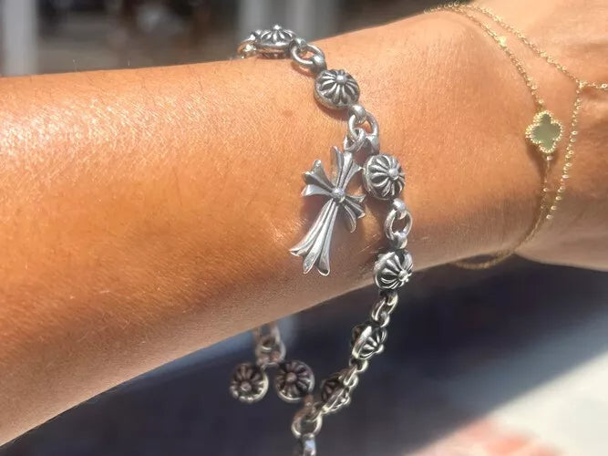 Sterling Silver Chrome Hearts Cross Ball Tiny Cross Bracelet 39.51 Grams