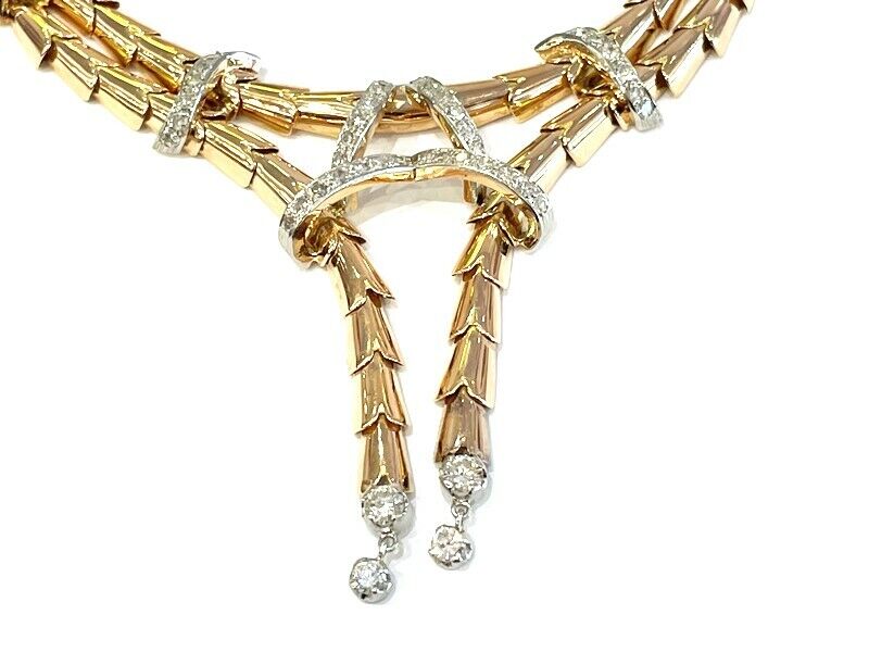 1940-1950's Retro Vintage Diamond Yellow and Rose Gold Necklace and Earrings Set