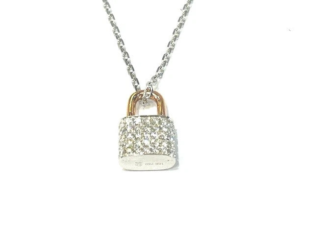 18K Rose & White Gold Diamond Padlock Pendant Necklace 1.18 Carat Total Weight