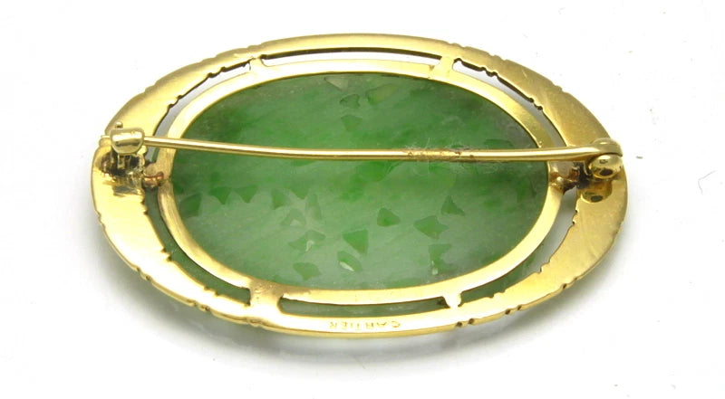 Authentic Vintage Cartier 14K Yellow Gold Carved Natural Green Jade Brooch Pin