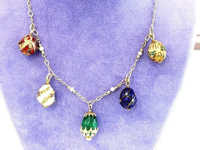 14K Yellow Gold 5 Egg Enamel & Gold Necklace 38.5 Grams