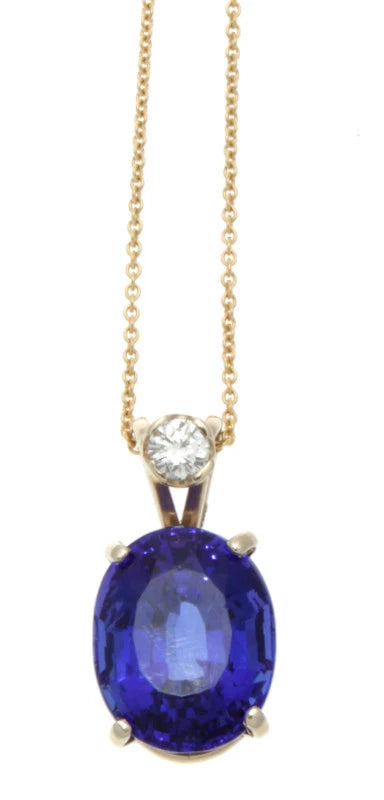 14K YELLOW GOLD, DIAMOND & OVAL TANZANITE PENDANT 15.40 TCW.