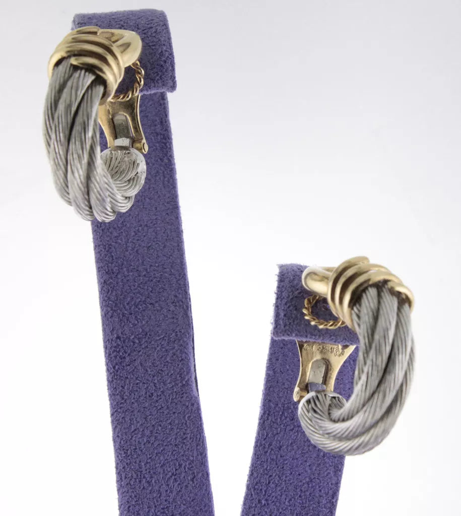 Authentic Fred Paris 18K Yellow Gold & Steel Cable Earrings