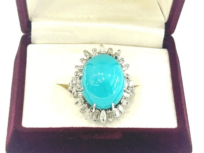 14K White Gold Vintage Turquoise & Diamond Ring 3.00 Carats