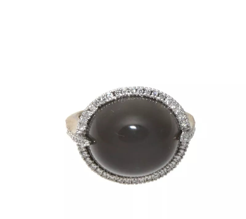 14k White Gold, Diamond & Grayish Black Cabochon Star Sapphire Ring 10.50 Tcw.