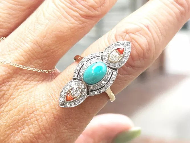 Platinum/18K Rose gold Diamond & Turquoise & Coral Art - Deco Ring 1.50 Carats
