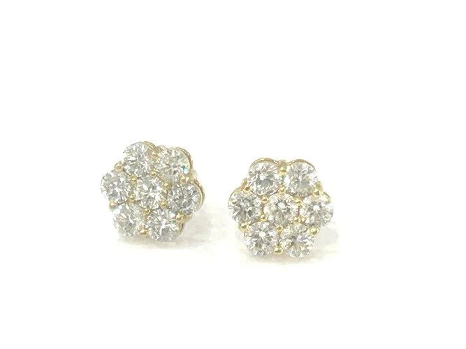 14K Yellow Gold Diamond Cluster Flower Stud Earrings Apx. 2.30-2.50 Carats