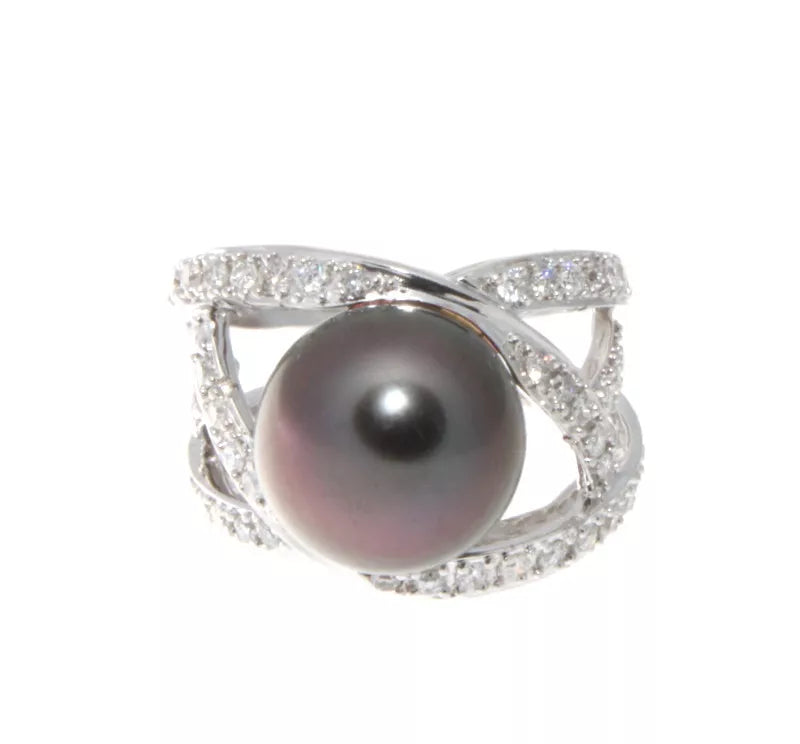18K White Gold Diamond and Tahitian Pearl Ring 1.50 Cts.