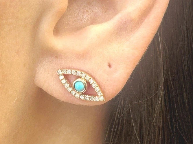 14K Rose Gold Turquoise Evil Eye Diamond Stud Earrings 0.28 Carats