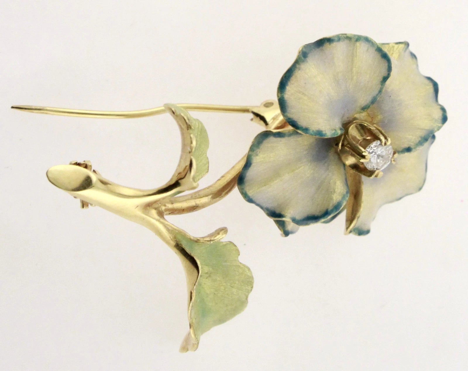 Estate 18K Yellow Gold Well Made Reproduction Diamond Enamel Flower Brooch Pin