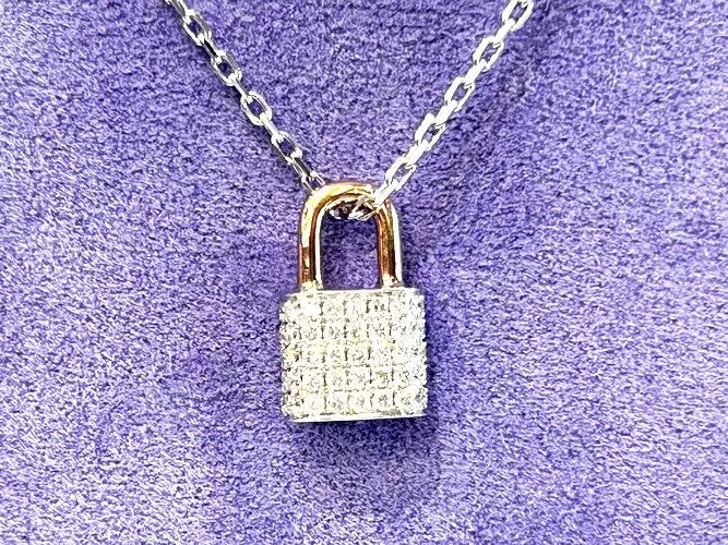 18K Rose & White Gold Diamond Padlock Pendant Necklace 1.18 Carat Total Weight
