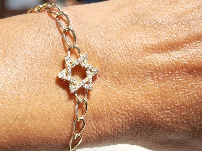 14K Yellow Gold Diamond Star of David Chain Link Bracelet 0.30 Carats