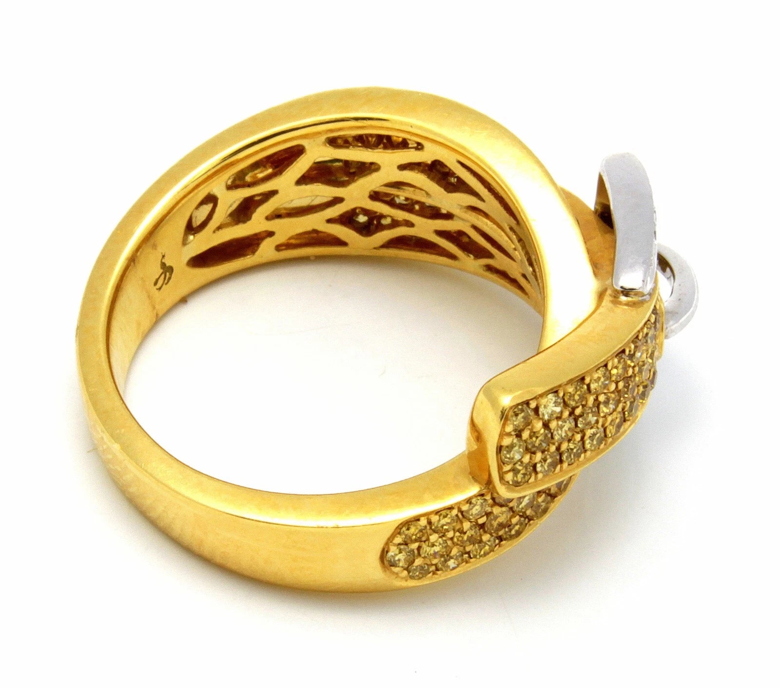New 18k Yellow & White Gold Diamond Belt Buckle Band Ring Sz 6.5 8.85g