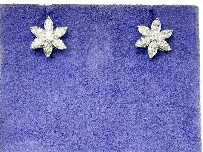 18K White Gold 6 Petal Flower Diamond Stud Earrings 1.44 Carats