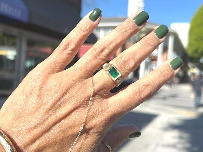 14K Yellow Gold Emerald & Diamond Signet Ring 2.03 Carat Total Weight