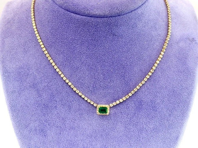 14K Yellow Gold Emerald & Diamond Bezel Necklace 1.85 Carat Total Weight
