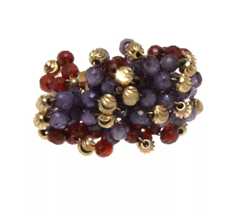 18K Yellow Gold, Amethyst & Garnet Briolette Beaded Ring