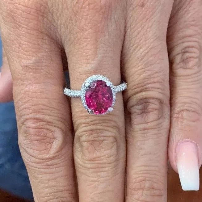 18K White Gold, Diamond & Rubellite/ Tourmaline Ring 3.46 Tcw.