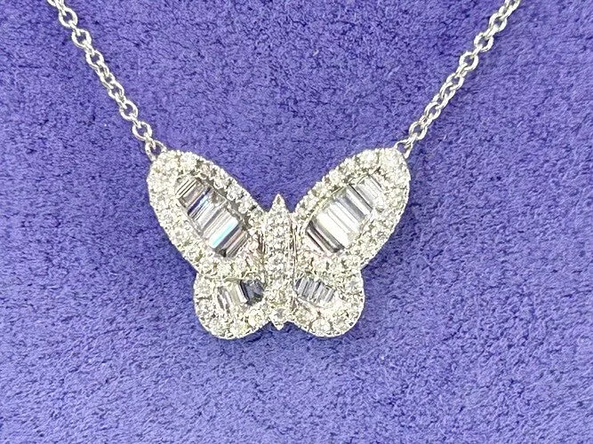 14K White Gold Diamond Butterfly Pendant Necklace 1.12 Carats
