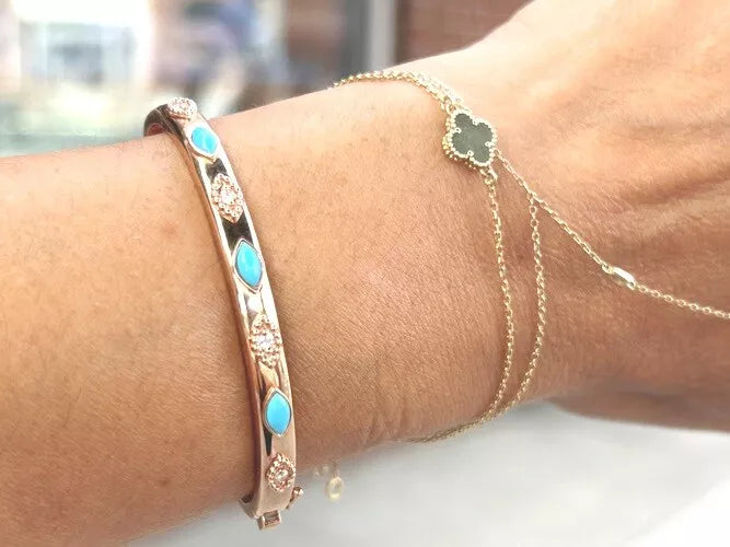 14K Rose Gold Alternate Diamond & Turquoise Bangle Bracelet 0.11 Carats