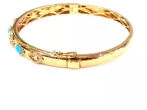 14K Rose Gold Alternate Diamond & Turquoise Bangle Bracelet 0.11 Carats