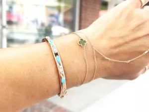 14K Rose Gold Alternate Diamond & Turquoise Bangle Bracelet 0.11 Carats