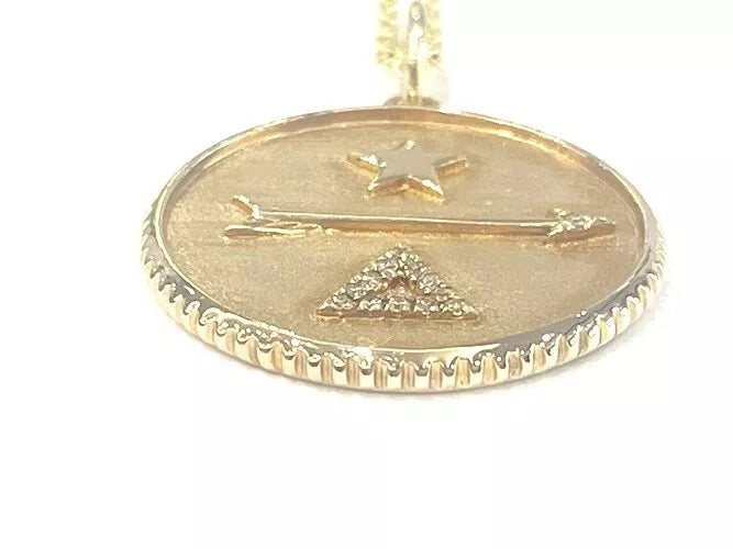 14K Yellow Gold Arrow Pyramid Star Medallion Pendant Necklace 0.05 Carats