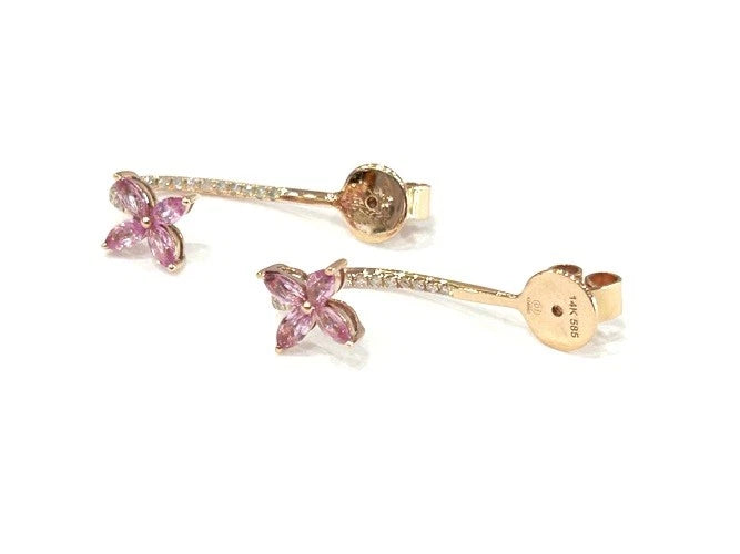 14K Rose Gold Pink Sapphire Flower Shape & Diamond Dangle Earrings 1.69 Carats