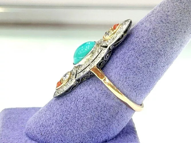 Platinum/18K Rose gold Diamond & Turquoise & Coral Art - Deco Ring 1.50 Carats