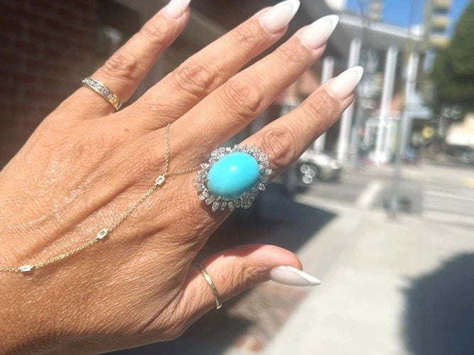 14K White Gold Vintage Turquoise & Diamond Ring 3.00 Carats