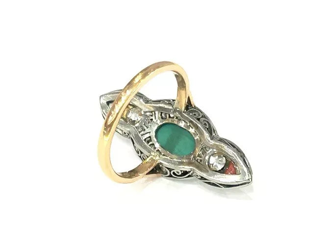 Platinum/18K Rose gold Diamond & Turquoise & Coral Art - Deco Ring 1.50 Carats