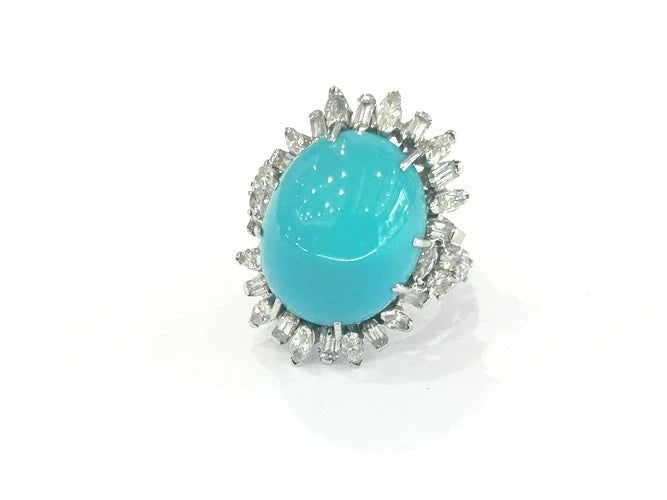 14K White Gold Vintage Turquoise & Diamond Ring 3.00 Carats