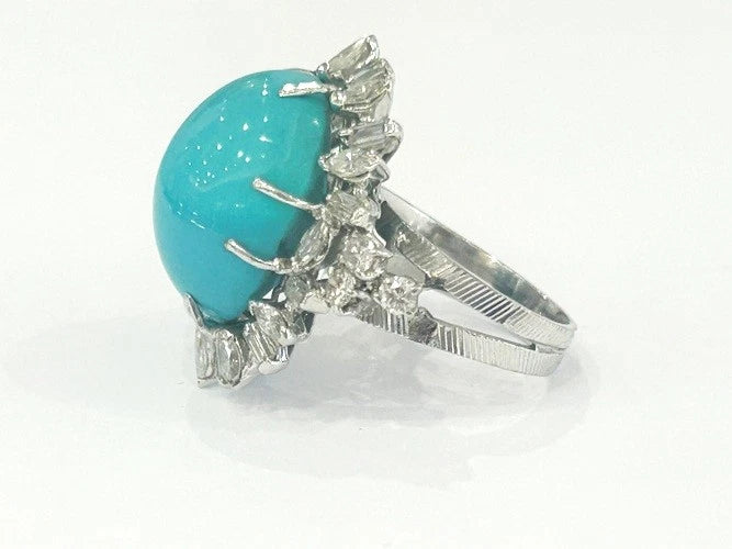 14K White Gold Vintage Turquoise & Diamond Ring 3.00 Carats