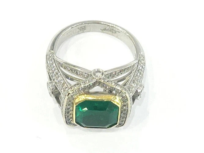 18K White & Yellow Gold Natural Columbian Emerald & Diamond Ring 2.47 Carats