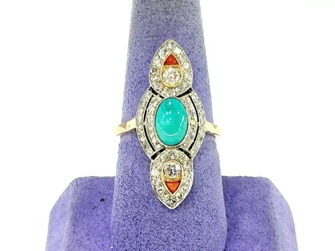Platinum/18K Rose gold Diamond & Turquoise & Coral Art - Deco Ring 1.50 Carats