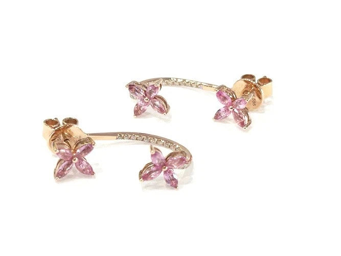 14K Rose Gold Pink Sapphire Flower Shape & Diamond Dangle Earrings 1.69 Carats