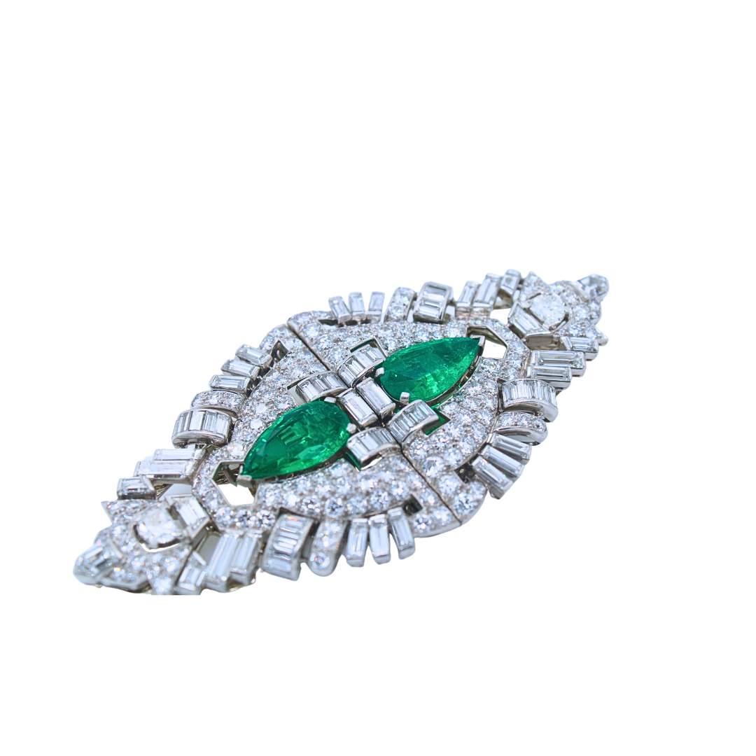 1920 Platinum Art Deco Emerald Diamond Double Clip