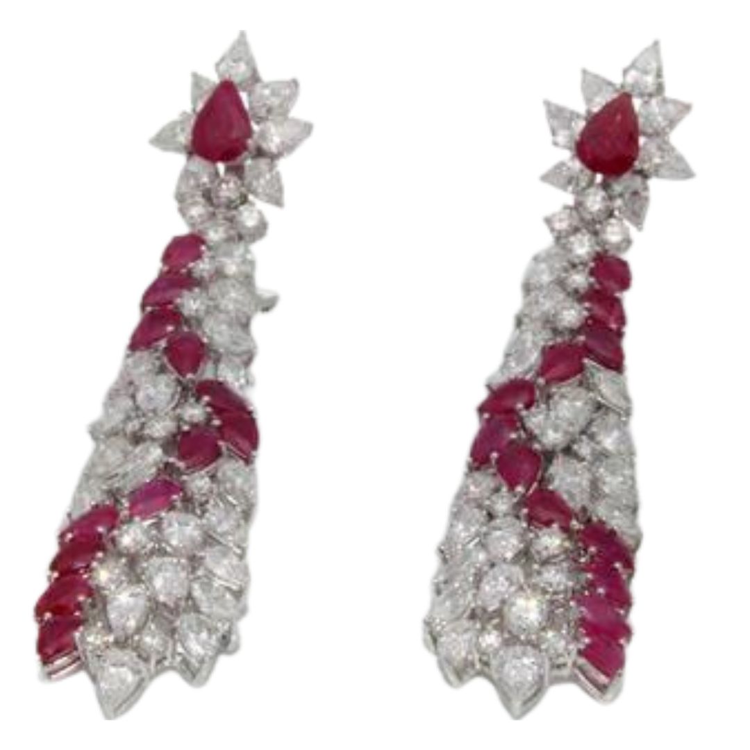Diamond Ruby Dangling Earrings In 18K White Gold