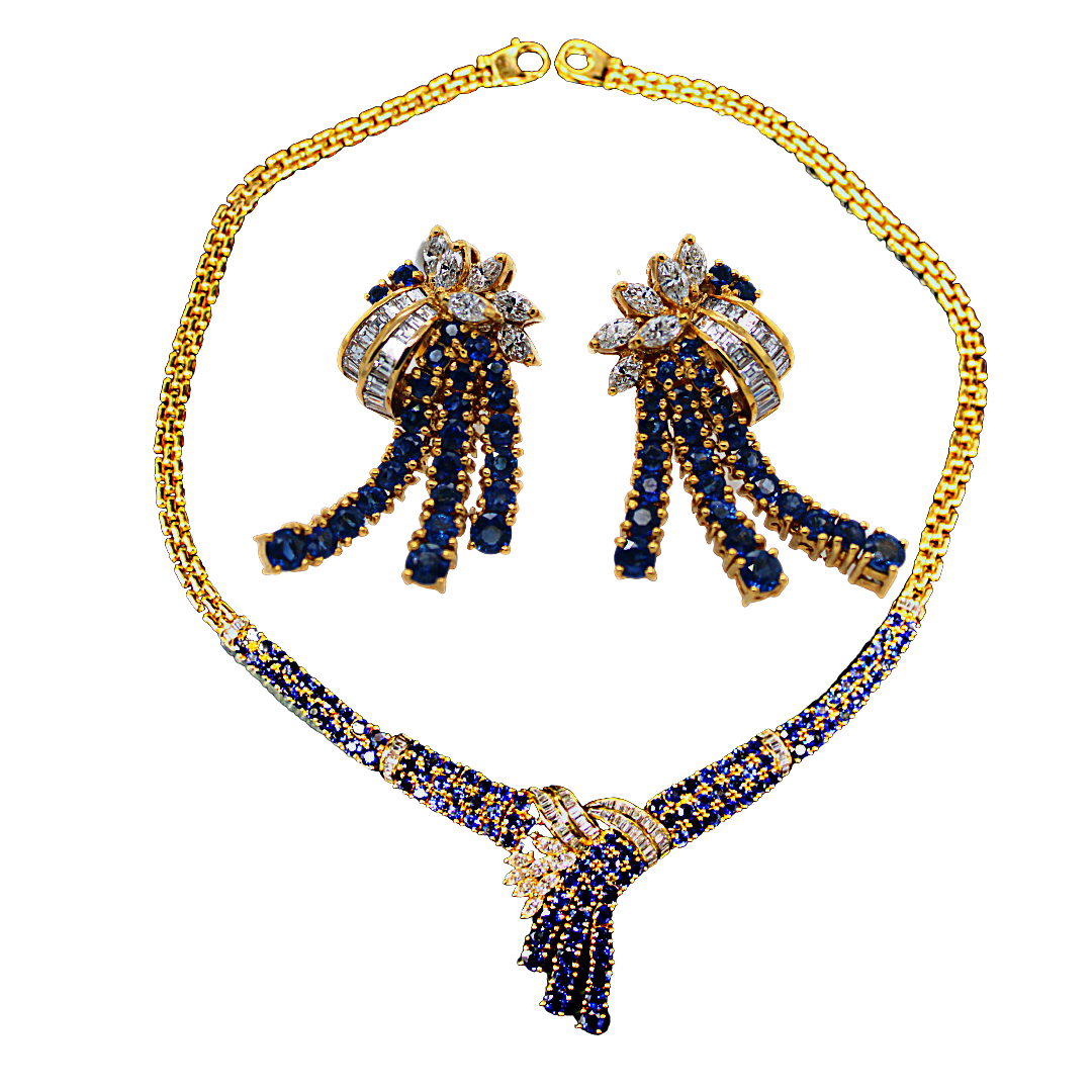 BLUE SAPPHIRE DIAMOND EARRINGS AND NECKLACE SET