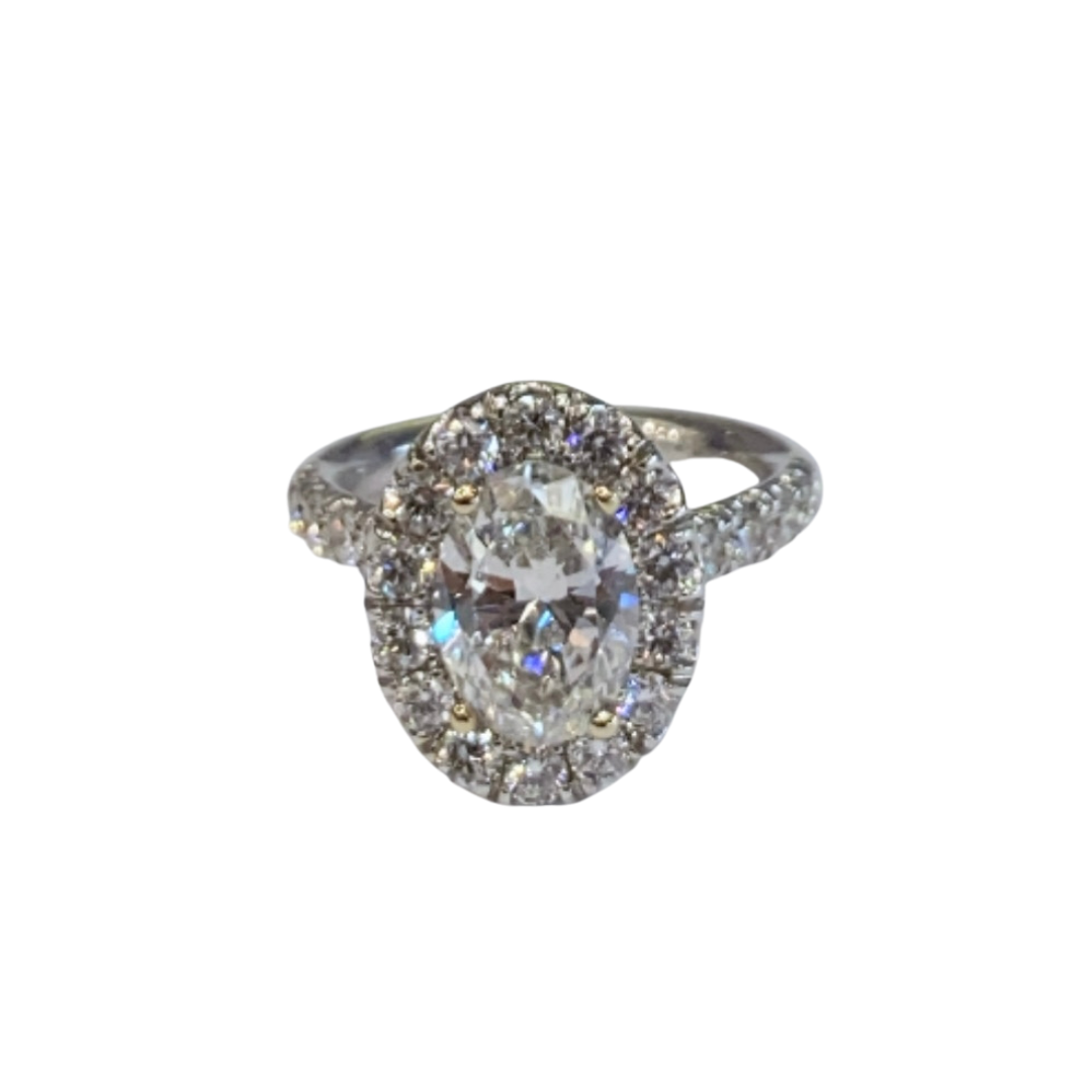 18K WHITE GOLD, OVAL CUT DIAMOND WITH HALO ENGAGEMENT RING