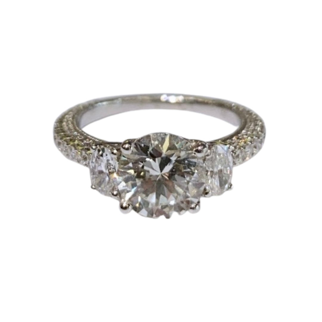 18K WHITE GOLD, 3-STONE WITH PAVE BAND, DIAMOND RING