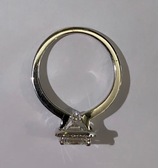 18K WHITE GOLD, EMERALD CUT WITH DIAMOND HALO, ENGAGEMENT RING