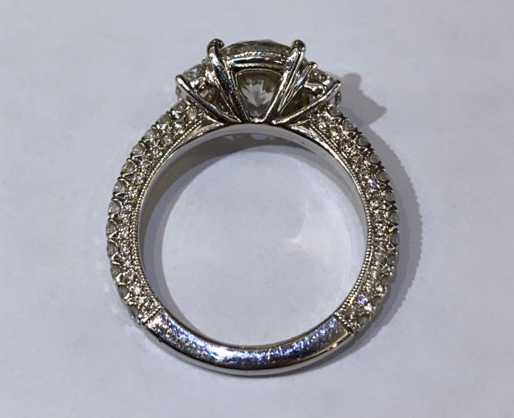 18K WHITE GOLD, 3-STONE WITH PAVE BAND, DIAMOND RING