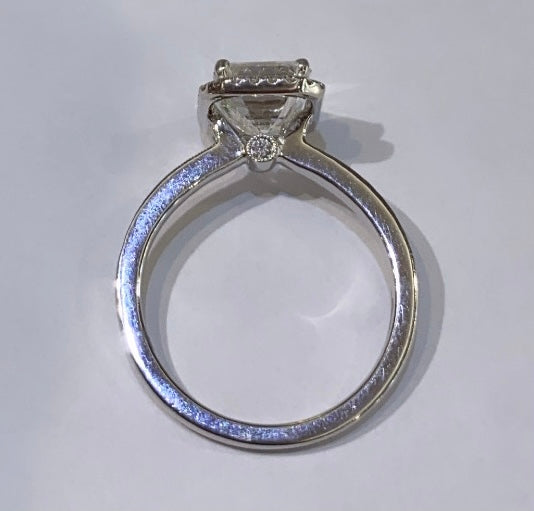 18K WHITE GOLD, EMERALD CUT WITH DIAMOND HALO, ENGAGEMENT RING