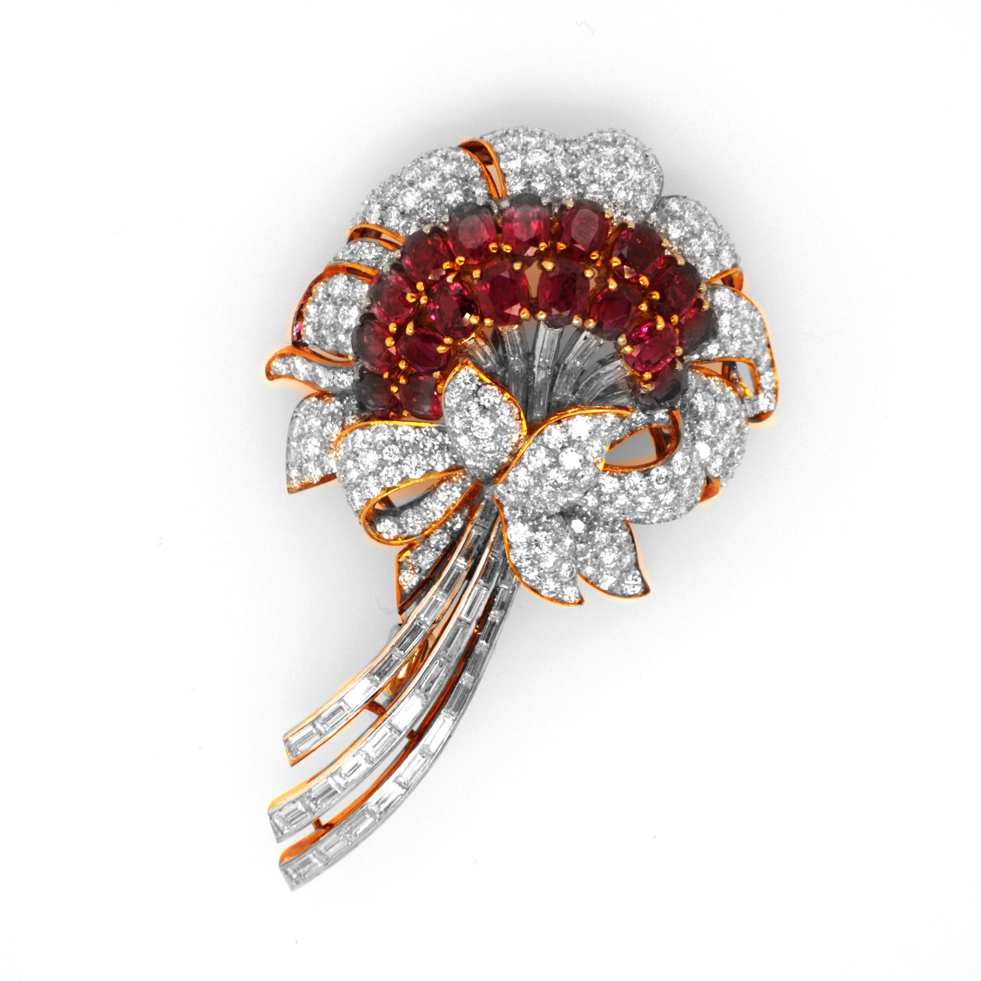 Vintage Diamond Ruby Flower Design Brooch