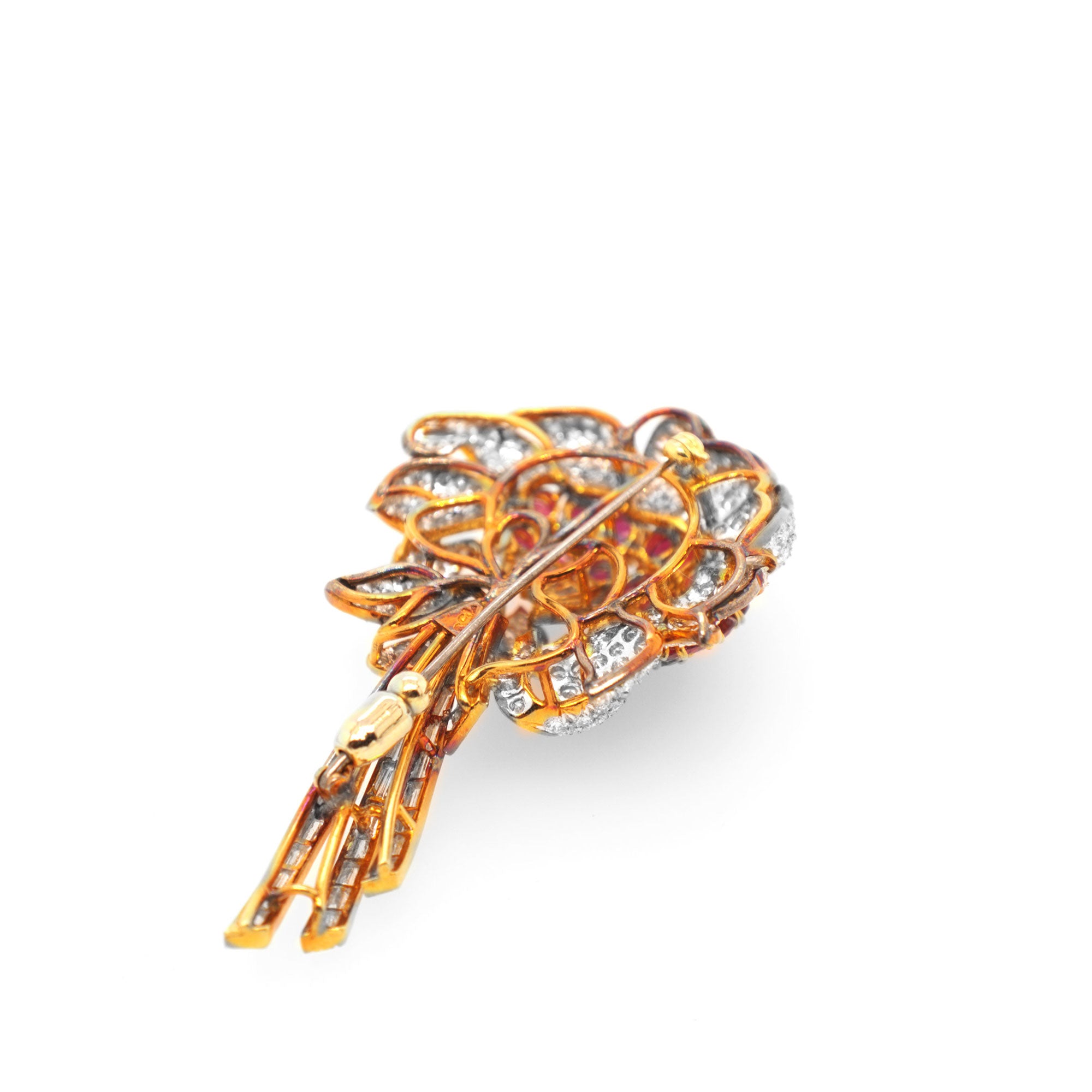 Vintage Diamond Ruby Flower Design Brooch