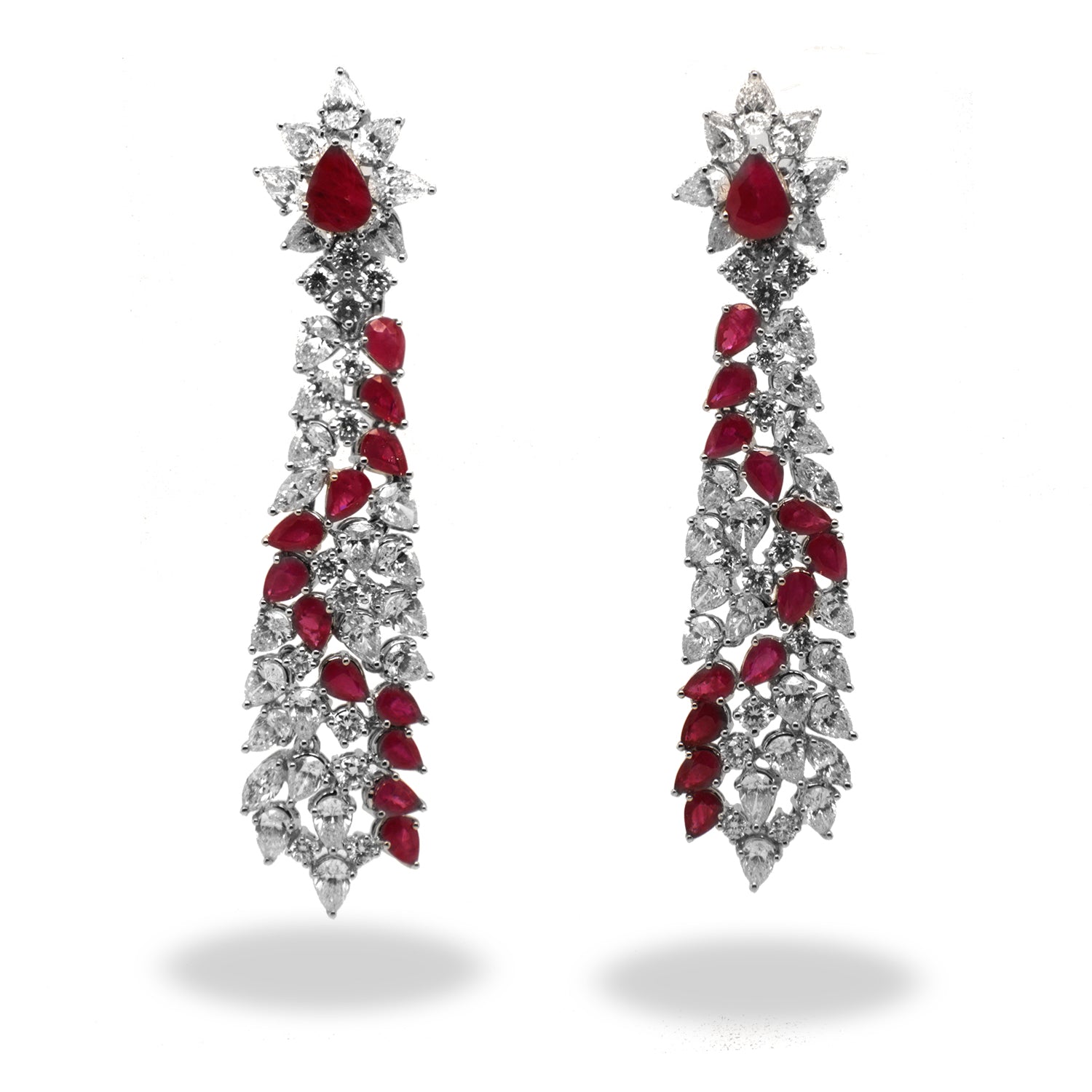 Diamond Ruby Dangling Earrings In 18K White Gold