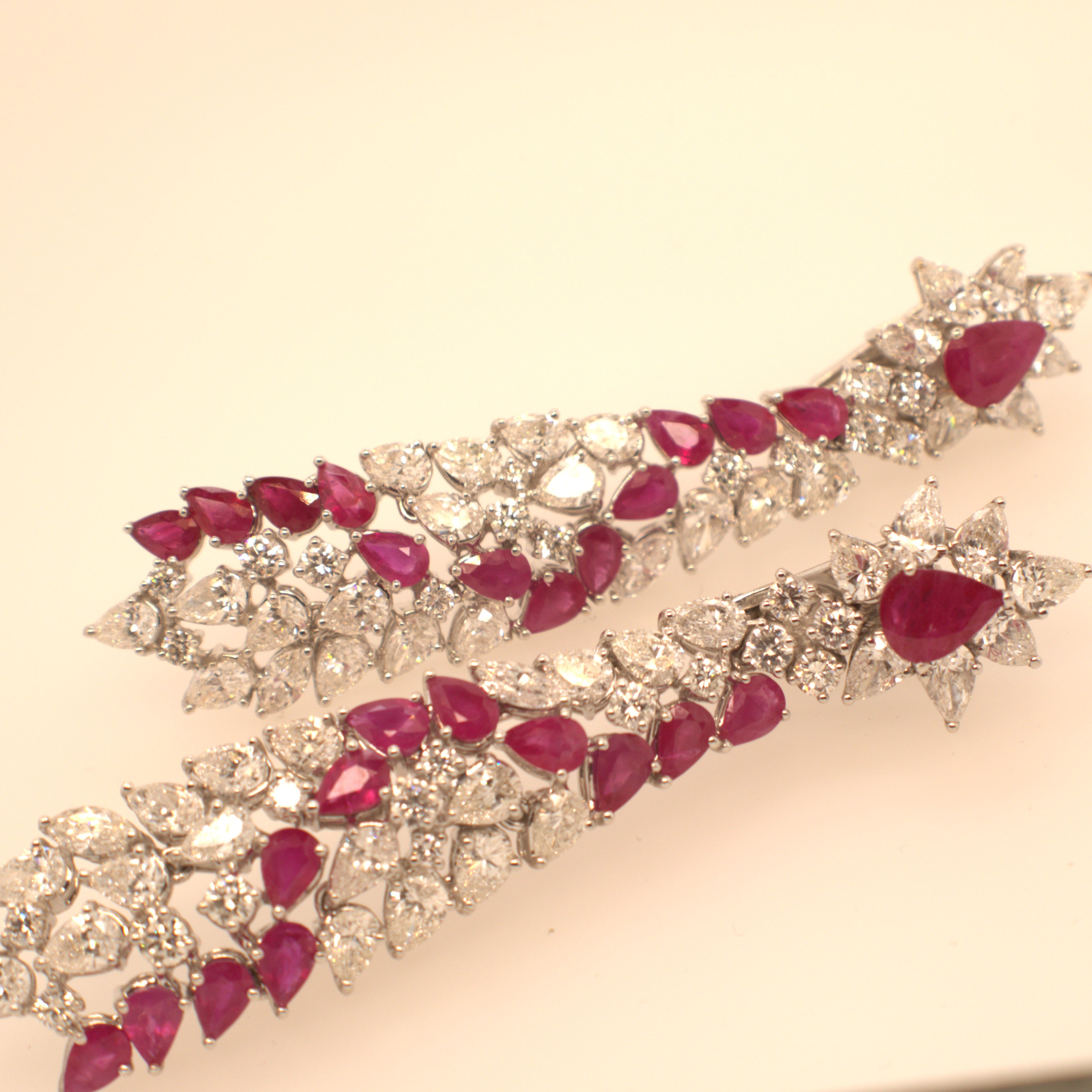 Diamond Ruby Dangling Earrings In 18K White Gold